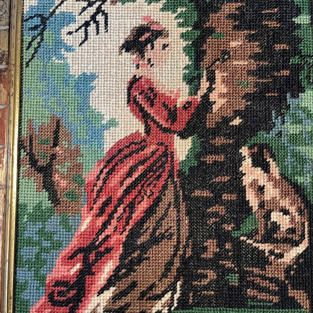 VTG MCM Petit Point Needlecraft gold distressed wood framed picture Girl Tree